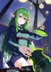 Rule 34 | 1girl, absurdres, alchemy, blue eyes, commentary, crystal, elf, gemi ningen, green hair, green necktie, grin, highres, holding, jar, lid, long hair, long sleeves, looking at object, necktie, original, plant, pointy ears, smile, solo, symbol-only commentary, uniform, window