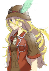 Rule 34 | 1girl, absurdres, blonde hair, blue eyes, breasts, cowboy shot, drill hair, hat, hat feather, highres, long hair, lyza (made in abyss), made in abyss, medium breasts, sketch, smirk, solo, ta-chun, vest, white background
