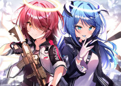 Rule 34 | 2girls, :p, absurdres, arknights, assault rifle, belt, black belt, black gloves, black jacket, black shirt, blue eyes, blue hair, blue tongue, blush, breasts, brown eyes, clothes writing, colored tongue, commentary request, exusiai (arknights), eyes visible through hair, gloves, gun, h&amp;k hk416, hair intakes, hair over one eye, halo, hand up, heart, highres, holding, holding gun, holding weapon, horns, jacket, long hair, long sleeves, looking at viewer, medium breasts, mostima (arknights), multiple girls, nenobi (nenorium), open clothes, open jacket, raglan sleeves, red hair, rifle, shirt, short hair, smile, tongue, tongue out, weapon, white gloves, white jacket, white shirt