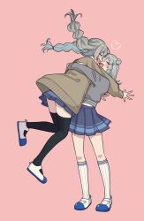 Rule 34 | 2girls, absurdres, alpaca opo, alternate costume, black thighhighs, blue skirt, blush, braid, brown cardigan, cardigan, cevio, closed eyes, commentary request, face-to-face, facing another, fang, floating hair, full body, glomp, grey hair, grey sweater, hair bun, hair ornament, hairclip, heart, highres, hug, kizuna akari, kneehighs, koharu rikka, long hair, long sleeves, low twin braids, medium hair, midair, multiple girls, mutual hug, open mouth, outstretched arms, pink background, pleated skirt, ribbed socks, shoes, simple background, skirt, smile, socks, standing, sweater, synthesizer v, thighhighs, twin braids, uwabaki, voiceroid, white socks, yuri