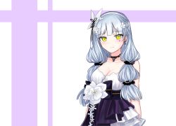 Rule 34 | 1girl, alternate costume, arms at sides, bare shoulders, black choker, blunt bangs, blush, breasts, choker, cleavage, closed mouth, collarbone, dress, earrings, facial mark, flower, girls&#039; frontline, green eyes, hair ribbon, hairband, hk416 (girls&#039; frontline), hk416 (starry cocoon) (girls&#039; frontline), jewelry, layered dress, long hair, looking at viewer, low-tied long hair, low twintails, medium breasts, official alternate costume, pendant, ribbon, rye (beak rie), sash, smile, strapless, strapless dress, twintails, two-tone background, upper body, white flower, white hairband, white ribbon