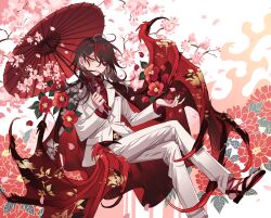 Rule 34 | 1boy, belt, belt buckle, black belt, black hair, black nails, blush, buckle, cherry blossoms, commentary request, earrings, eyeshadow, flower, foot out of frame, formal, hair over one eye, hand up, highres, holding, holding umbrella, jewelry, kimono on shoulders, light smile, looking at viewer, makeup, male focus, meremero, multicolored hair, nail polish, nijisanji, nijisanji en, oil-paper umbrella, patterned background, petals, red eyeshadow, red flower, red hair, sandals, short hair, slit pupils, solo, suit, talons, two-tone hair, umbrella, virtual youtuber, vox akuma, vox akuma (1st costume), white suit, yellow eyes