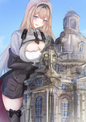 Rule 34 | absurdres, assault rifle, black gloves, black pants, blonde hair, blue eyes, breasts, building, castle, city, cleavage cutout, clothing cutout, copyright request, day, giant, giantess, girls&#039; frontline, gloves, gun, highres, long hair, martinreaction, open mouth, pants, rifle, shirt, sky, stg44, thighhighs, thighs, weapon, white shirt