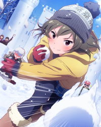 Rule 34 | &gt;:), 10s, 2girls, action, beanie, blush, boots, brown hair, handa roco, hat, idolmaster, idolmaster million live!, jacket, looking at viewer, multiple girls, nagayoshi subaru, official art, pantyhose, snow, snow sculpture, snowball, snowball fight, v-shaped eyebrows, winter clothes