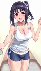Rule 34 | 1girl, :d, bare arms, bare shoulders, blush, boyshort panties, breasts, cleavage, collarbone, doorway, hair ribbon, hair tie, highres, igarashi kyouhei, kazuno sarah, large breasts, looking at viewer, love live!, love live! sunshine!!, open mouth, opening door, pov doorway, purple eyes, purple hair, ribbon, shorts, side ponytail, smile, solo, striped clothes, striped shorts, tank top, teeth, thick thighs, thighs, upper teeth only, white tank top