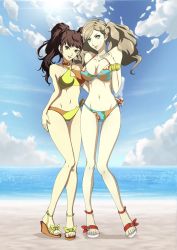 Rule 34 | 2girls, aqua eyes, arm at side, artist request, bare arms, bare legs, bare shoulders, beach, bikini, blonde hair, breasts, brown eyes, brown hair, choker, cleavage, closed mouth, cloud, collarbone, day, full body, grin, hair ornament, hairclip, hand up, highres, kujikawa rise, large breasts, lips, long hair, looking at viewer, medium breasts, midriff, multiple girls, naughty face, navel, neck, ocean, outdoors, persona, persona 4, persona 5, pink lips, sand, sandals, scrunchie, side-by-side, side-tie bikini bottom, sky, smile, standing, swimsuit, takamaki anne, twintails, wrist scrunchie, yellow scrunchie, yuri