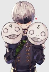 Rule 34 | 1boy, bad id, bad twitter id, black shirt, blank eyes, blindfold, blue background, blush, choker, commentary request, emil (nier), facial mark, forehead mark, grin, hand puppet, head tilt, heart, highres, long sleeves, looking at viewer, momomo (user xnfy4284), nier (series), nier:automata, parted lips, puppet, shirt, short hair, silver hair, smile, upper body, 9s (nier:automata)