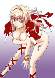 Rule 34 | 1girl, ass, blonde hair, blue eyes, bracelet, breasts, cleavage, covering privates, covering breasts, jacket, jewelry, macross, macross frontier, macross frontier: itsuwari no utahime, misnon the great, nipples, no bra, nude cover, pink hair, sheryl nome, solo, tattoo