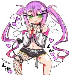 Rule 34 | 1girl, :p, demon tail, earrings, green eyes, heart, heavy breathing, hololive, jacket, jewelry, kanikama, motion lines, musical note, navel piercing, piercing, purple hair, shorts, single thighhigh, spoken musical note, tail, thighhighs, tokoyami towa, tongue, tongue out, twintails, virtual youtuber