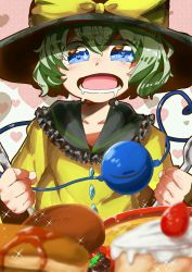 Rule 34 | 1girl, blue eyes, bow, burger, commentary request, dessert, drooling, eyebrows, food, fork, frilled shirt collar, frills, green hair, hair between eyes, hat, hat bow, heart, heart-shaped pupils, highres, holding, holding spoon, komeiji koishi, long sleeves, ofudonburi ayu, open mouth, pancake, short hair, solo, spoon, symbol-shaped pupils, third eye, touhou, yellow bow