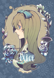 Rule 34 | 1girl, alice liddell (kuni no alice), apron, bad id, bad pixiv id, blue eyes, blush, bow, brown hair, floral print, flower, frills, from side, hair bow, heart no kuni no alice, leaf, long hair, megu (megu-milk), mushroom, open mouth, profile, puffy sleeves, ribbon, rose, solo, text focus