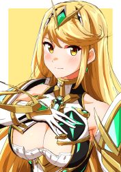 Rule 34 | 1girl, absurdres, blonde hair, breasts, cleavage, cleavage cutout, clothing cutout, earrings, female focus, hand on breasts, highres, jewelry, large breasts, looking at viewer, mythra (xenoblade), nintendo, solo, tagme, to (tototo tk), xenoblade chronicles (series), xenoblade chronicles 2