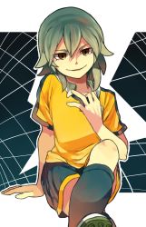 Rule 34 | cleats, green hair, highres, inazuma eleven, inazuma eleven (series), inazuma eleven go, kariya masaki, kneehighs, male focus, open mouth, puddingx2, sitting, smile, soccer uniform, socks, solo, sportswear, yellow eyes