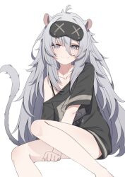 Rule 34 | 1girl, ahoge, animal ears, blindfold, bra strap, clauvio (vtuber), clothes writing, collarbone, grey eyes, grey hair, hair between eyes, highres, indie virtual youtuber, long hair, long hair between eyes, looking at viewer, mouse ears, mouse girl, mouse tail, oversized clothes, oversized shirt, print shirt, shirt, short sleeves, simple background, sitting, smile, solo, t-shirt, tail, valefal coneri, very long hair, virtual youtuber, white background