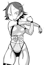 Rule 34 | 1girl, :d, ahoge, armpits, bare shoulders, bodysuit, breasts, breasts apart, clenched hands, covered navel, cowboy shot, detached sleeves, facing viewer, fishnet bodysuit, fishnet gloves, fishnets, flipped hair, gloves, greyscale, groin, hair between eyes, halterneck, hand up, highleg, highleg leotard, ken (koala), legs apart, leotard, looking at viewer, medium breasts, monochrome, ninja, obi, open mouth, original, outstretched arm, raised eyebrow, sash, short hair, sideboob, simple background, sketch, smile, solo, standing, stretching, thighhighs, thighs, uneven eyes, white background