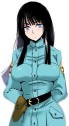 Rule 34 | 10s, 1girl, black hair, blue eyes, breasts, buckle, coat, dragon ball, dragon ball super, female focus, large breasts, long hair, looking at viewer, mai (dragon ball), solo, uniform, upper body
