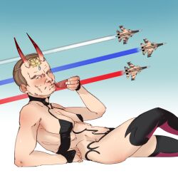 Rule 34 | 1boy, aircraft, airplane, black thighhighs, blue eyes, brown hair, cosplay, cup, drinking, fate/grand order, fate (series), fighter jet, holding, holding cup, horns, jet, male focus, military vehicle, real life, revealing clothes, sakazuki, short hair, shuten douji (fate), shuten douji (fate) (cosplay), skin-covered horns, solo, su-37, thighhighs, toorops, very short hair, vladimir putin