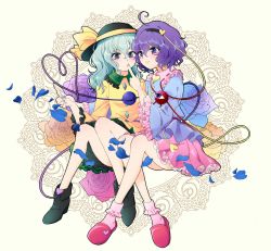 Rule 34 | 2girls, ahoge, black headwear, blue flower, blue rose, blue shirt, blush, bobby socks, boots, bow, buttons, commentary request, diamond button, finger to another&#039;s mouth, flower, frilled shirt collar, frilled skirt, frilled sleeves, frills, full body, green eyes, green hair, green nails, green skirt, hat, hat bow, hat ribbon, heart, heart of string, holding another&#039;s wrist, invisible chair, komeiji koishi, komeiji satori, legs, long sleeves, maruta (shummylass), multiple girls, nail polish, petals, pink flower, pink legwear, pink rose, pink skirt, purple eyes, purple hair, purple nails, ribbon, rose, rose petals, shirt, short hair, siblings, sisters, sitting, skirt, slippers, smile, socks, third eye, touhou, wide sleeves, yellow bow, yellow flower, yellow ribbon, yellow rose, yellow shirt