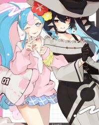 Rule 34 | !?, 2girls, absurdres, black choker, black gloves, blue eyes, blue hair, blue skirt, blush, bow, bracelet, choker, commentary request, creatures (company), curly hair, dark miku (project voltage), dress, earrings, fairy miku (project voltage), flower, game freak, gloves, hair flower, hair ornament, hand up, hat, hat bow, hatsune miku, heart, heart choker, highres, ikanoashi53, jewelry, locked arms, long hair, long sleeves, looking at another, looking at viewer, miniskirt, multicolored hair, multiple girls, nail polish, neckerchief, nintendo, one eye closed, open mouth, pink choker, pink hair, pink nails, pink sweater, plaid, plaid skirt, pokemon, project voltage, red eyes, red flower, scrunchie, sidelocks, skirt, smile, speech bubble, standing, standing on one leg, sweater, tongue, tongue out, twintails, two-tone hair, very long hair, vocaloid, white bag, white dress, white headwear, white neckerchief, wrist scrunchie, yellow flower, yellow scrunchie