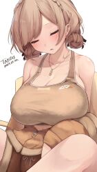 Rule 34 | 1girl, artist name, bare shoulders, bone print, braid, breasts, brown hair, brown shorts, brown sports bra, cleavage, closed eyes, collarbone, crown braid, dated, dog tags, double bun, drooling, fur jacket, furen e lustario, furen e lustario (5th costume), hair bun, highres, huge breasts, jacket, jacket partially removed, jewelry, midriff peek, necklace, nijisanji, official alternate costume, open mouth, partially unzipped, shorts, sitting, sleeping, solo, sports bra, ta1sh1, taut clothes, virtual youtuber