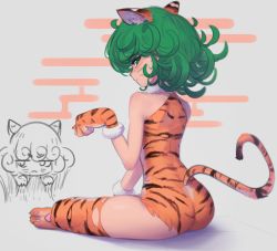 Rule 34 | 1girl, absurdres, animal ears, animal print, bare shoulders, breasts, cleavage, commentary, daniel deves, english commentary, facial mark, from behind, fur collar, gloves, green eyes, green hair, highres, looking at viewer, looking back, multiple views, one-punch man, paw pose, paw print soles, print gloves, print legwear, print leotard, short hair, sitting, tail, tatsumaki, thighhighs, tiger ears, tiger print, tiger tail, whisker markings
