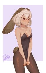 Rule 34 | absurdres, aidenr0, animal ears, rabbit ears, rabbit tail, embarrassed, hands together, highres, pantyhose, red eyes, tail, white hair