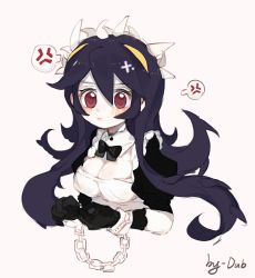 Rule 34 | 1girl, alternate costume, anger vein, black hair, blush, bow, bowtie, breasts, chain, cleavage, cleavage cutout, clothing cutout, cuffs, dubianqianqiu, filia (skullgirls), frown, gloves, handcuffs, highres, juliet sleeves, long hair, long sleeves, maid, puffy sleeves, red eyes, samson (skullgirls), skullgirls, solo, speech bubble, upper body, white background, yellow eyes