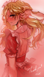 Rule 34 | 1girl, aqua eyes, arm up, back, bare back, blonde hair, blush, color filter, dripping, embarrassed, frills, hair lift, hand in own hair, highres, ichirugi, looking back, messy hair, nape, nervous sweating, open mouth, parted lips, pink background, pink theme, sideways mouth, signature, sweat, thank you, touhou, touhou (pc-98), very sweaty, yellow eyes, yumeko (touhou)