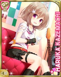 Rule 34 | 1girl, belt, black footwear, black gloves, black skirt, blush, boots, brown hair, rabbit hair ornament, character name, couch, day, fingerless gloves, girlfriend (kari), gloves, guitar, hair ornament, hairclip, indoors, instrument, kazemachi haruka, looking at viewer, nervous, official art, open mouth, pink eyes, pink shirt, qp:flapper, shirt, short hair, short sleeves, sitting, skirt, solo, tagme, torn clothes, torn shirt