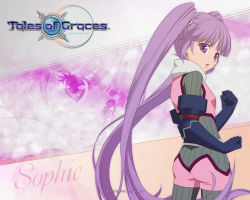 Rule 34 | 1girl, ass, character name, clenched hand, clenched hands, copyright name, gloves, logo, long hair, namco, official art, official wallpaper, purple eyes, purple hair, solo, sophie (tales), tales of (series), tales of graces, twintails