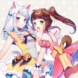 Rule 34 | 2girls, animal ears, aqua eyes, bow, brown hair, cat ears, cat tail, copyright request, dog ears, dog tail, dress, fang, green eyes, highres, long hair, momoshiki tsubaki, multiple girls, orange bow, paw print, paw print background, pink dress, purple bow, silver, sleeveless, slit pupils, smile, tail, twintails, whiskers, yellow bow, yellow dress