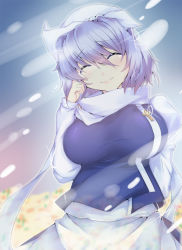 Rule 34 | 1girl, breasts, closed eyes, clothes pin, dress, female focus, gradient background, hat, huge breasts, letty whiterock, long sleeves, pin, purple hair, sesield, short hair, smile, snow, solo, sparkle, tears, touhou, vest, weapon, wiping tears