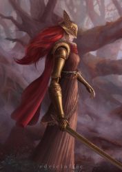 Rule 34 | 1girl, brown dress, cape, covered eyes, dress, elden ring, from side, helmet, highres, holding, holding sword, holding weapon, long hair, luffie, malenia blade of miquella, mechanical arms, parted lips, prosthesis, prosthetic arm, red cape, red hair, single mechanical arm, solo, standing, sword, tree, weapon, winged helmet