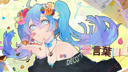 Rule 34 | 1girl, :o, ahoge, bandaid, bandaid on face, bare shoulders, black sweater, blowing, blue bow, blue eyes, blue hair, blue nails, blush, bow, bow choker, casual, clothes writing, commentary request, crescent moon, daisy, eighth note, flower, fork, gradient hair, hair between eyes, hair flower, hair ornament, hassan (sink916), hatsune miku, heart, heart necklace, heart of string, holding, jewelry, long hair, long sleeves, looking at viewer, lying, moon, multicolored hair, multicolored nails, musical note, nail polish, necklace, number tattoo, off-shoulder, off-shoulder sweater, off shoulder, on stomach, orange flower, orange rose, own hands together, paper, parted lips, pendant, petals, pink flower, pink hair, pink nails, red ribbon, ribbon, rose, shorts, shoulder tattoo, solo, song name, splatter, string, string of fate, sweater, tattoo, translation request, twintails, vocaloid, white flower, yellow shorts