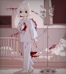 Rule 34 | 1girl, animal ears, barefoot, bed, blood, blood from mouth, female focus, highres, hospital, hospital bed, hospital gown, indoors, intravenous drip, iv stand, izumo 616, original, railing, short hair with long locks, solo, standing, white hair