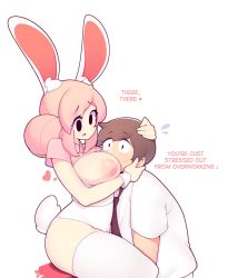 Rule 34 | 1boy, 1girl, animal ear fluff, animal ears, between breasts, black eyes, black neckwear, blank eyes, breast press, breast smother, breasts, brown hair, bunny day, collared shirt, comforting, crop top, english text, face to breasts, facing another, fiz (fizintine), fizintine, hair bun, head between breasts, heart, highres, large breasts, leotard, musical note, necktie, nipples, open mouth, original, pink hair, pink shirt, puffy nipples, rabbit ears, rabbit girl, rabbit tail, shirt, short sleeves, simple background, single hair bun, sitting, sweat, swept bangs, tail, thighhighs, white background, white leotard, white shirt, white tail, white thighhighs, wing collar, wrist cuffs