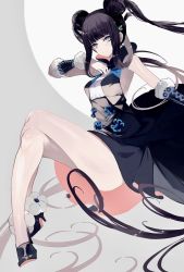 Rule 34 | 1girl, bad id, bad pixiv id, bare shoulders, black dress, black footwear, blue eyes, blunt bangs, blush, breasts, china dress, chinese clothes, closed mouth, crossed legs, detached sleeves, double bun, dress, fate/grand order, fate (series), grey background, hair bun, hair ornament, high heels, highres, leaf hair ornament, legs, long hair, looking at viewer, lyodi, medium breasts, purple hair, short dress, sidelocks, smile, solo, twintails, very long hair, yang guifei (fate), yang guifei (first ascension) (fate)