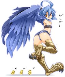 Rule 34 | 10s, 1girl, ahoge, ass, bird, blue hair, blue wings, blush, breasts, chick, denim, denim shorts, feathered wings, following, full body, harpy, highres, karukan (monjya), looking at viewer, looking back, monster girl, monster musume no iru nichijou, navel, open mouth, orange eyes, papi (monster musume), scales, shadow, short shorts, shorts, simple background, small breasts, solo, talons, translation request, white background, winged arms, wings