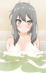 Rule 34 | 1girl, bath, bathing, bathtub, blush, breasts, completely nude, frown, futaba rio, green eyes, grey hair, large breasts, long hair, non-web source, nude, partially submerged, ponytail, seishun buta yarou, solo, water