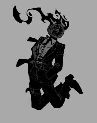 Rule 34 | 1other, absurdres, chest harness, clock, collared shirt, dante (limbus company), fire, floating, greyscale, harness, highres, jacket, limbus company, long sleeves, maskv, monochrome, object head, pants, project moon, shirt, shoes, suspenders, thigh strap