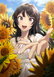 Rule 34 | 1girl, :d, black hair, blue eyes, blue nails, blue sky, dress, field, flower, flower field, hair ornament, hairclip, hand on own chest, happy, highres, light blush, long hair, looking at viewer, open mouth, outstretched hand, rabbit hair ornament, raiz art works, sakurajima mai, seishun buta yarou, sky, smile, sunflower, sunflower field, white dress