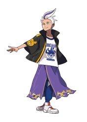 Rule 34 | 1boy, absurdres, arm behind back, artist request, black jacket, blue pants, closed mouth, clothes writing, collarbone, creatures (company), drayton (pokemon), forehead, full body, game freak, grey hair, happy, highres, jacket, looking to the side, male focus, multicolored hair, nintendo, official art, open clothes, open jacket, outline, outstretched arm, pants, pants under skirt, poke ball symbol, pokemon, pokemon sv, purple hair, purple skirt, second-party source, shirt, shoes, short hair, short sleeves, simple background, skirt, smile, solo, split mouth, standing, streaked hair, transparent background, two-tone hair, white footwear, white outline, white shirt, yellow eyes