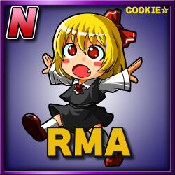 Rule 34 | 1girl, :o, ascot, black skirt, black vest, blonde hair, border, bow, card (medium), card parody, character name, chibi, collared shirt, commentary request, cookie (touhou), copyright name, fang, flat chest, hair bow, highres, long sleeves, meta meta, nadeko (cookie), outstretched arms, purple border, red ascot, red bow, red eyes, red footwear, rumia, shirt, skirt, skirt set, socks, spread arms, star (symbol), touhou, vest, walking, white shirt, white socks