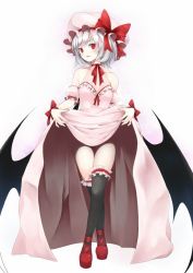 Rule 34 | 1girl, adapted costume, alternate costume, bat wings, black thighhighs, black wings, bow, bridal garter, choker, clothes lift, collarbone, crossed legs, dress, dress lift, full body, hat, hat bow, lifted by self, looking at viewer, mob cap, neck ribbon, pink dress, red bow, red eyes, red footwear, red ribbon, remilia scarlet, ribbon, ribbon choker, shoes, short hair, silver hair, simple background, sleeveless, sleeveless dress, smile, solo, standing, thigh strap, thighhighs, touhou, utakata (kochou no yume), white background, wings, wrist ribbon
