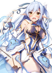 Rule 34 | 1girl, :3, areola slip, arrow (projectile), blue hair, blush, bow (weapon), breasts, cleavage cutout, clothing cutout, dissolving clothes, earrings, elf, garter straps, jewelry, large breasts, long hair, looking at viewer, one side up, open mouth, original, overskirt, pointy ears, simple background, single earring, slime (creature), slime (substance), solo, sweat, thighhighs, weapon, white background, xe (execut3r), yellow eyes