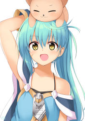 Rule 34 | 1girl, :3, :d, animal, animal on head, arm behind head, arm up, artist logo, bare shoulders, blue gloves, blue hair, blue shirt, cat, cat on head, closed eyes, collarbone, commentary request, facial scar, gloves, hair between eyes, highres, long hair, looking at viewer, mahcdai, off-shoulder shirt, off shoulder, on head, open mouth, original, planol note, ponytail, scar, scar on cheek, scar on face, shirt, simple background, smile, solo, spaghetti strap, tareme, upper body, white background, yellow eyes, zipper pull tab