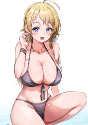 Rule 34 | 1girl, :d, absurdres, ahoge, bikini, blonde hair, blue eyes, blush, bracelet, breasts, cleavage, collarbone, front-tie top, hachimiya meguru, tucking hair, highres, idolmaster, idolmaster shiny colors, jewelry, large breasts, long hair, looking at viewer, navel, open mouth, pizzasi, simple background, smile, solo, striped bikini, striped clothes, swimsuit, water drop, white background