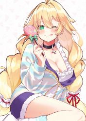 1girl, ;p, absurdres, akutaa, azur lane, black choker, blonde hair, braid, breasts, candy, choker, cleavage, cross, cross necklace, eyebrows visible through hair, food, frilled nightgown, green eyes, heart, highres, holding, holding candy, holding food, holding lollipop, jewelry, large breasts, le temeraire (azur lane), lollipop, long hair, necklace, nightgown, one eye closed, socks, solo, tongue, tongue out, twin braids, very long hair