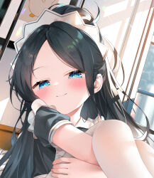 Rule 34 | 1girl, absurdly long hair, aris (blue archive), aris (maid) (blue archive), black dress, black hair, blue archive, blue eyes, blush, chen bin, closed mouth, dress, feet out of frame, highres, indoors, long hair, maid, maid headdress, official alternate costume, paid reward available, pantyhose, short sleeves, smile, solo, very long hair, white pantyhose