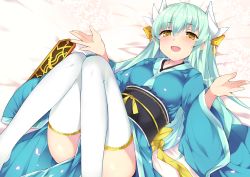 Rule 34 | 1girl, absurdres, aqua hair, blush, breasts, commentary request, fate/grand order, fate (series), green hair, haruyuki (yukichasoba), highres, horns, japanese clothes, kimono, kiyohime (fate), knees together feet apart, long hair, looking at viewer, lying, on back, open mouth, sash, solo, thighhighs, wh, white thighhighs, wide sleeves, yellow eyes
